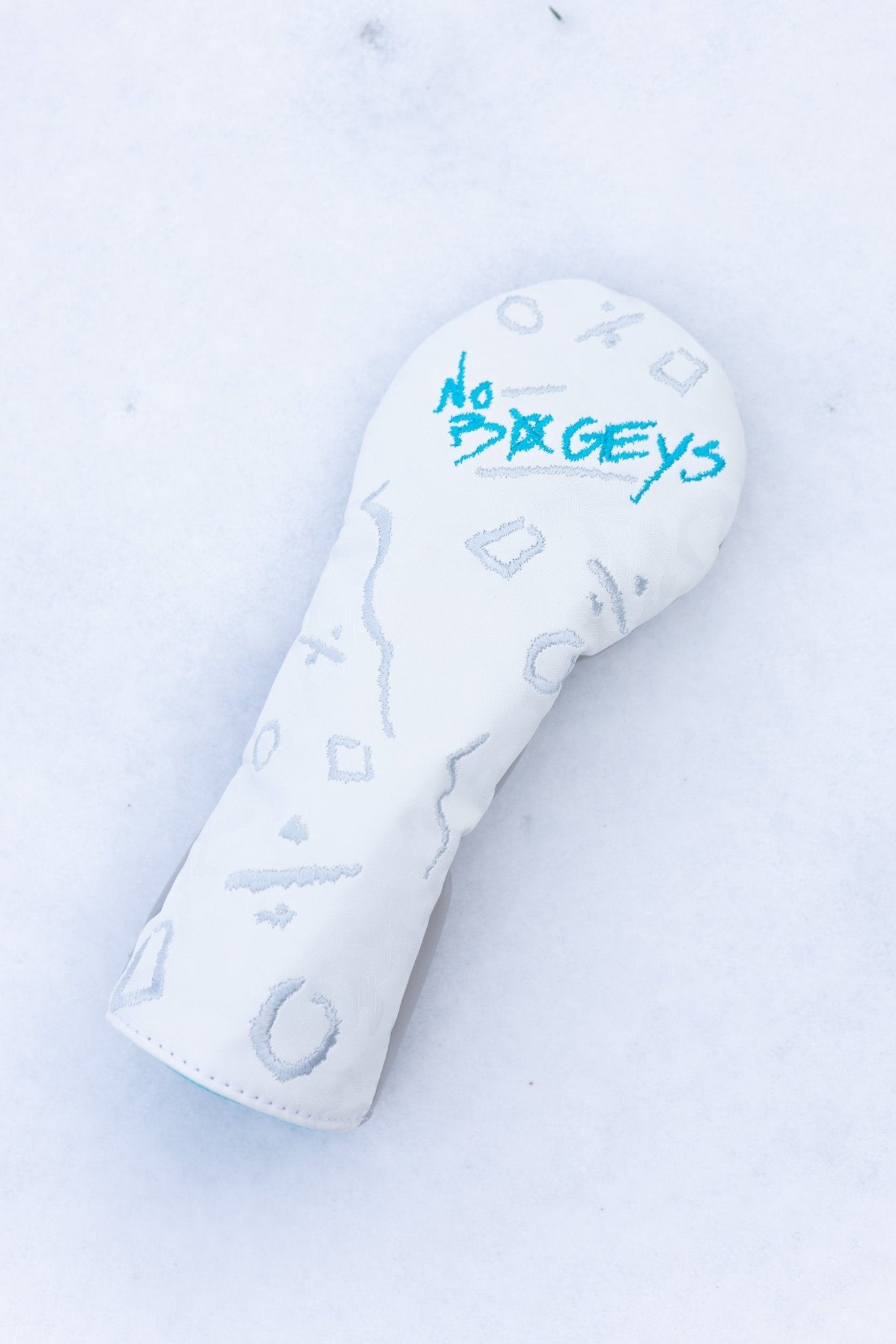 No Bogeys White Fairway Cover with geometric patterns and blue embroidered text on white golf headcover accessory