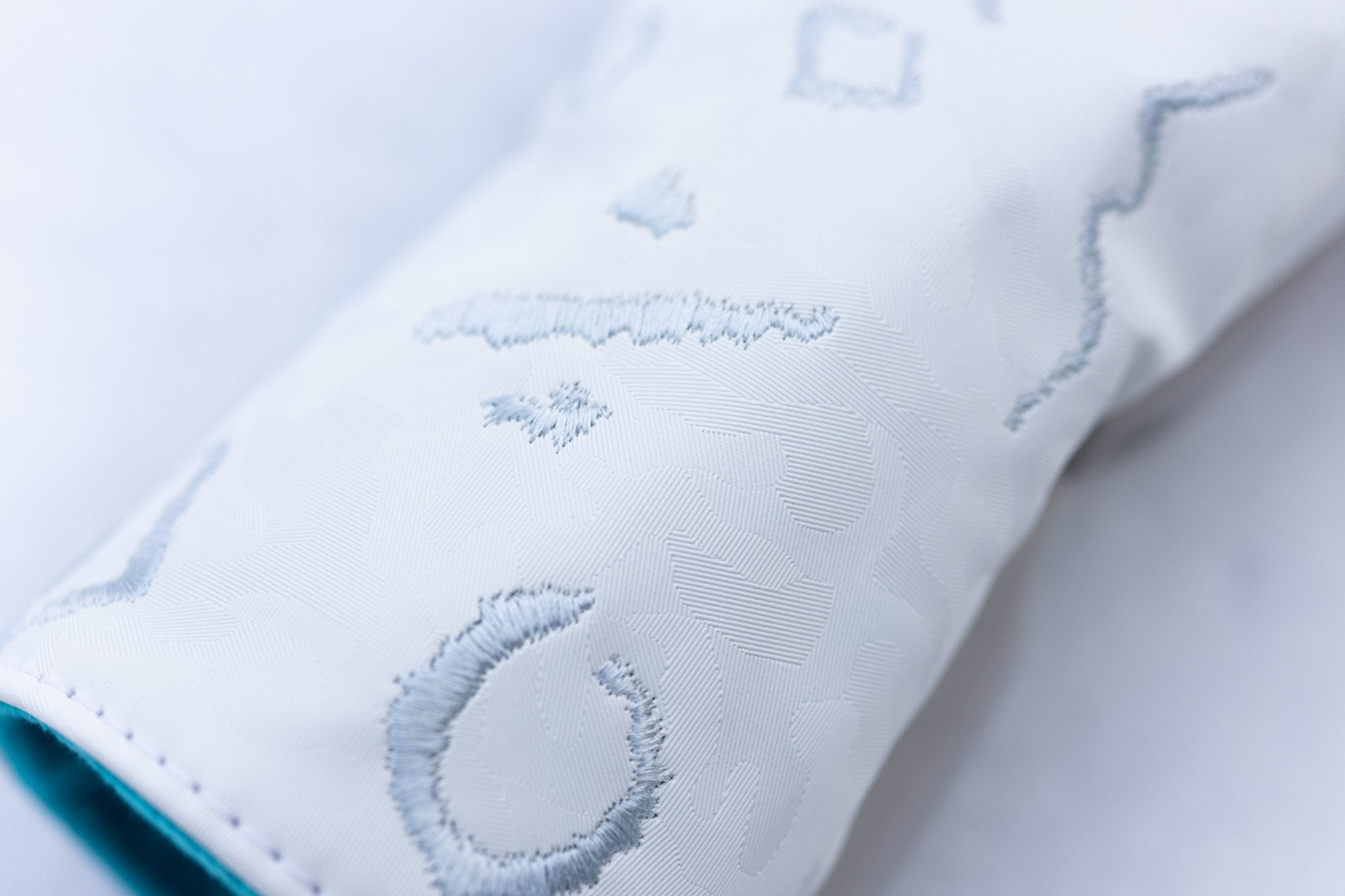 No Bogeys White Fairway Cover close-up showing textured white golf headcover with light blue stitching details