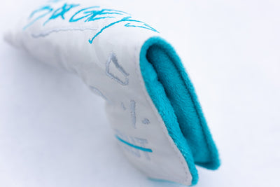 No Bogeys White Blade Cover with blue interior lining designed for golf gear protection and style