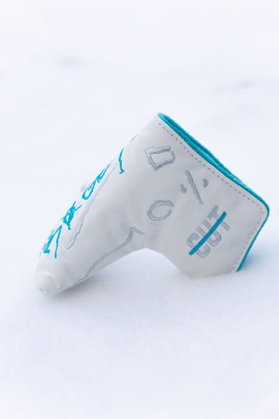 No Bogeys White Blade Cover with blue interior and embroidered golf design on white golf headcover