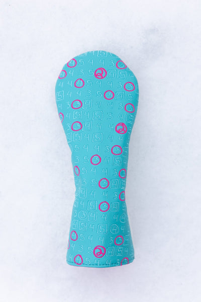 Scorecard Teal Fairway Cover with golf score design in bright teal and pink, a stylish golf gear accessory.