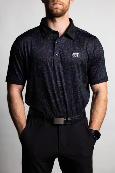 Man wearing Midnight Teal Topo Polo with subtle topographic pattern and Cutline Golf Goods logo on chest