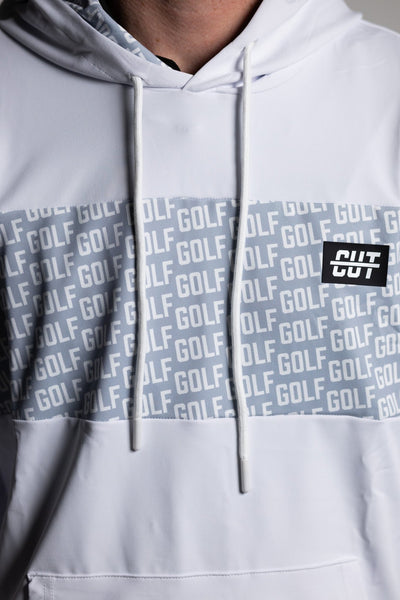 Close-up of a white GOLF Whiteout Athletic Hoodie featuring a gray patterned panel with repeated "GOLF" text and a black Cutline patch.