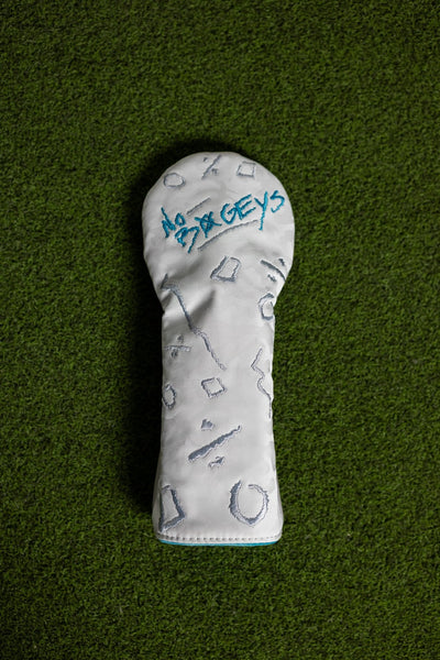 No Bogeys White Fairway Cover with blue embroidery and abstract golf design on green turf background