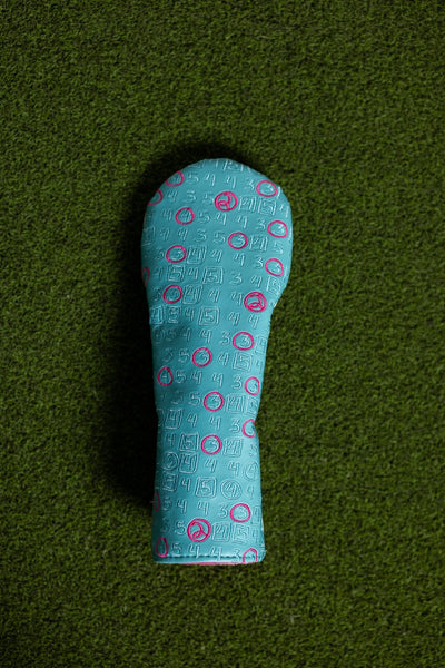 Scorecard Teal Fairway Cover with golf scorecard pattern in teal and pink on green turf background