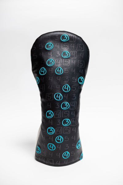 Teal Gator Scorecard Driver Cover with black background and teal numbers in a golf scorecard pattern