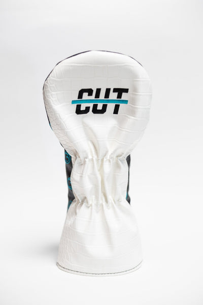 White textured golf driver cover with "CUT" logo and teal accent, Teal Gator Scorecard Driver Cover
