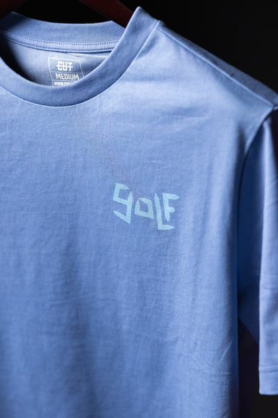 Light blue Play More Golf T-Shirt with geometric golf text design on chest in soft cotton fabric